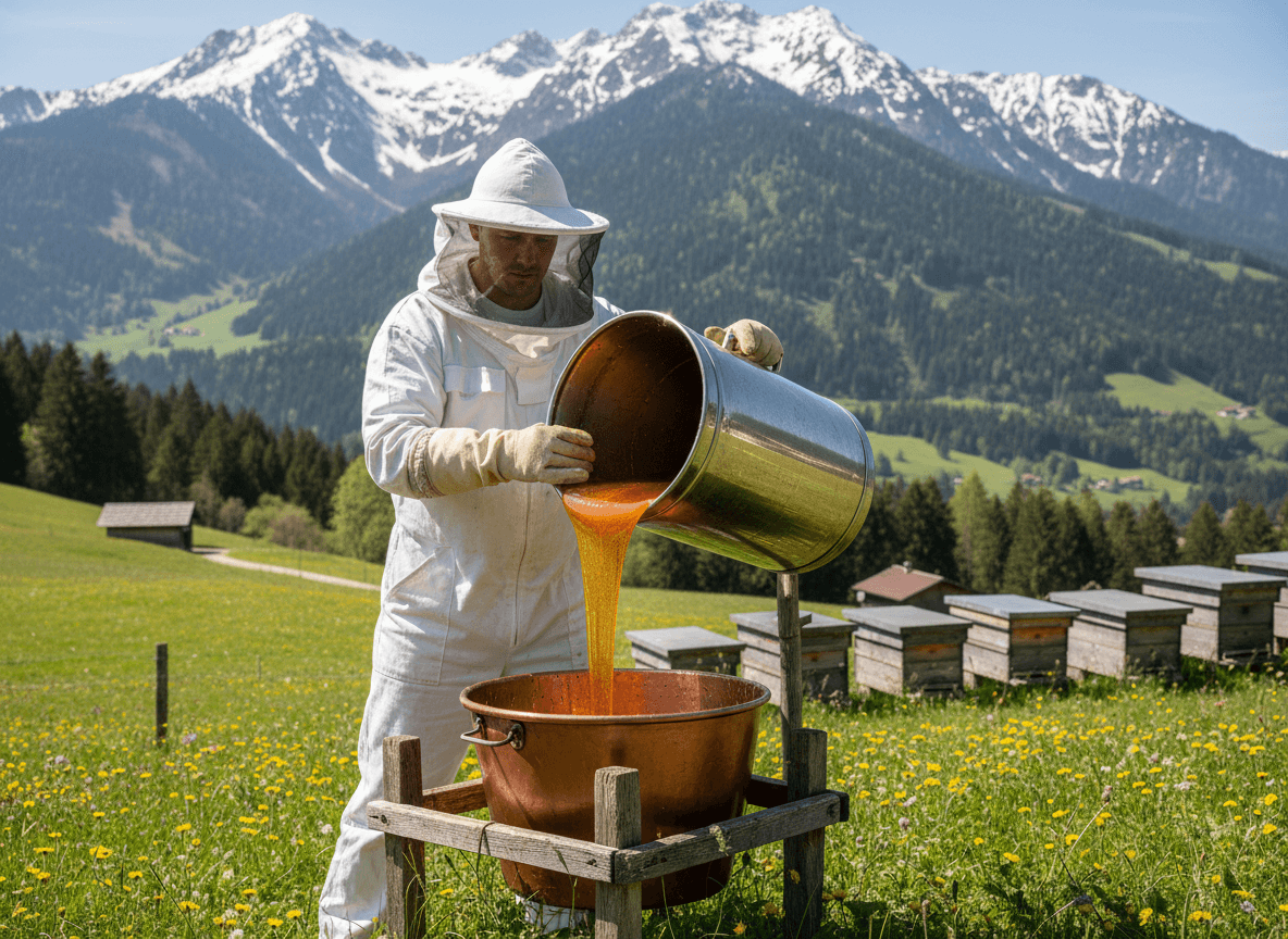 Imker in den Alpen mit eigenem Honig